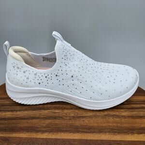 Skechers Ultra Flex Shoes Women's 8.5 White Silver Rhinestones Slip On Sneakers